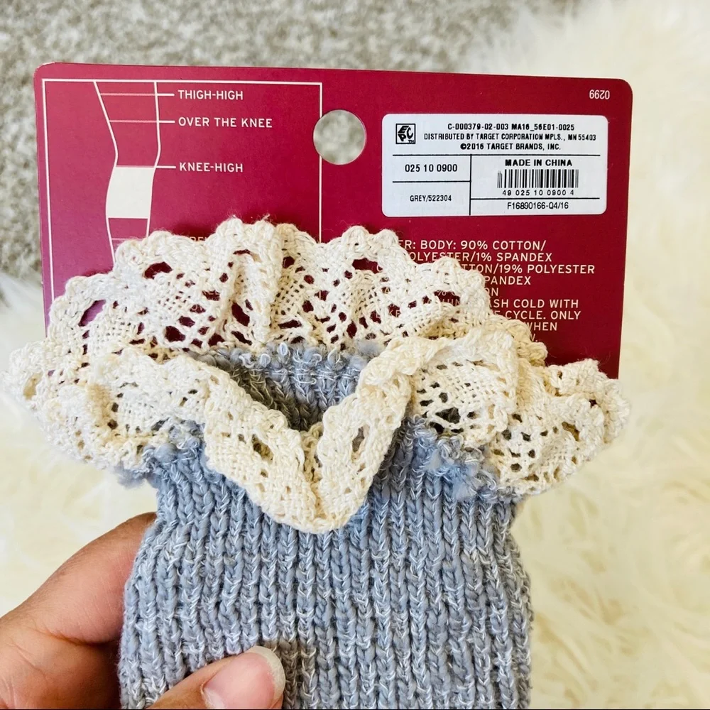 Merona Gray Lace Trim Boot Cuffs Knit Knee High NWT